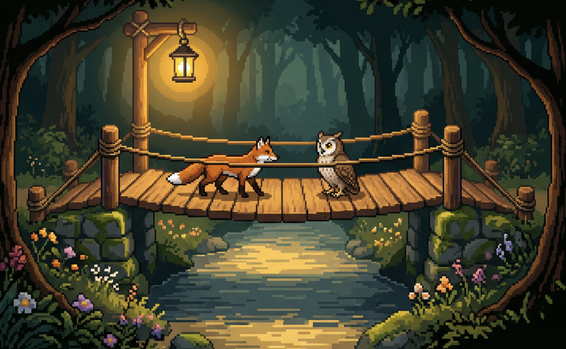 Card art: a fox and an owl meeting in the middle of a bridge