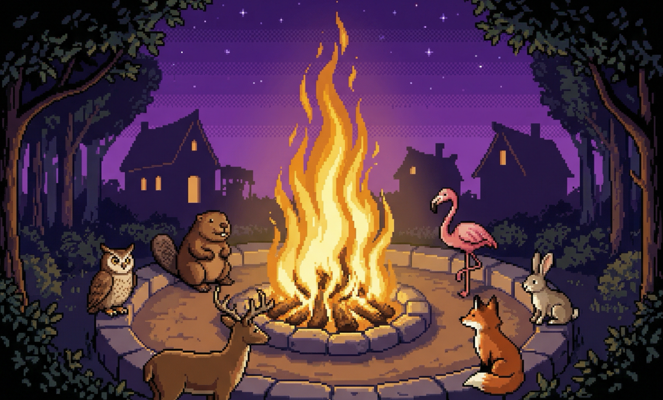 Card art: animals sharing stories around a big campfire