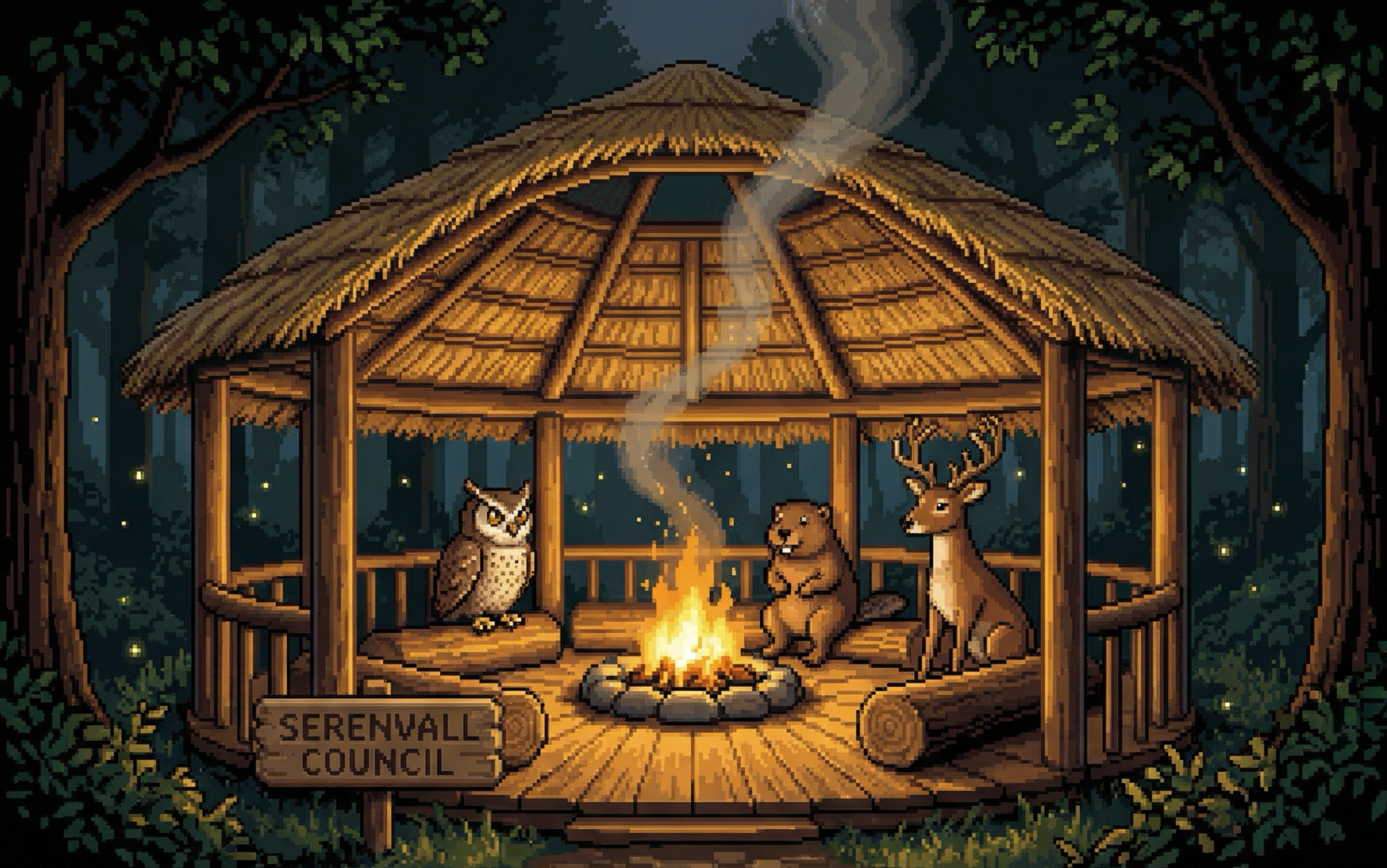 Card art: animals gathered in the council hut around a fire