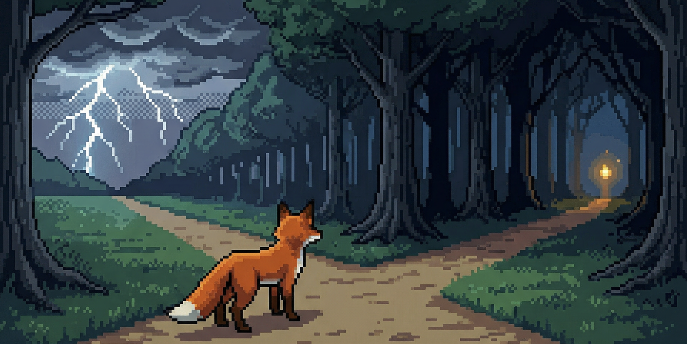 Card art: a fox choosing between two forest paths