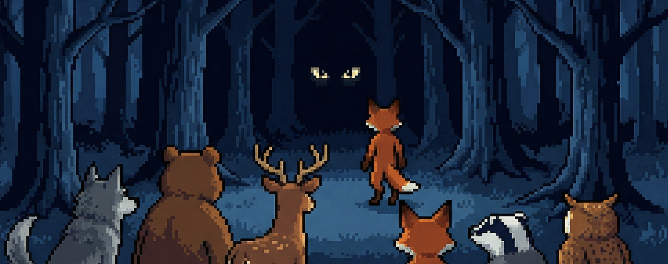 Card art: the animals stand together facing glowing eyes in the dark forest