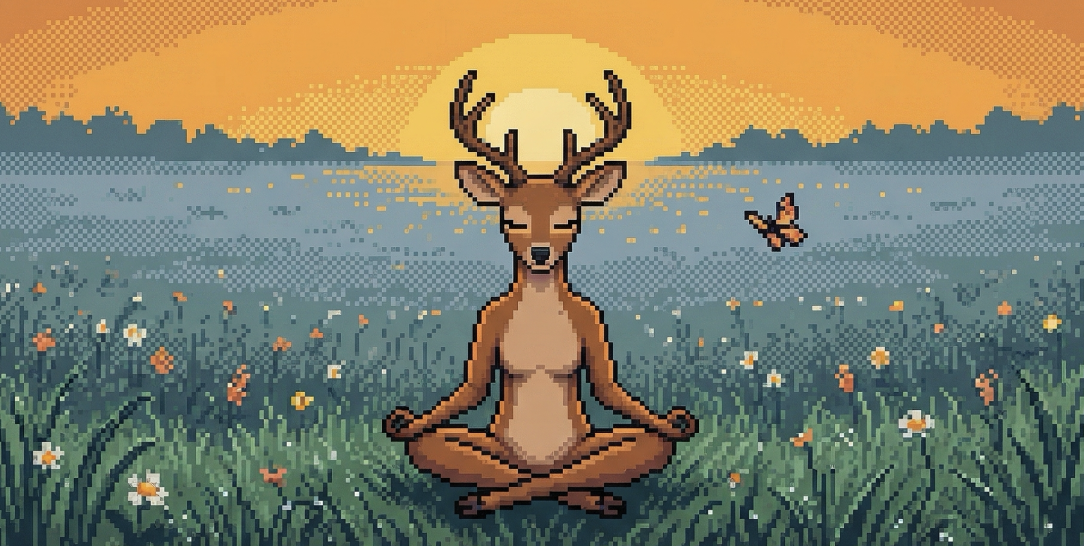 Card art: a deer meditating at sunrise