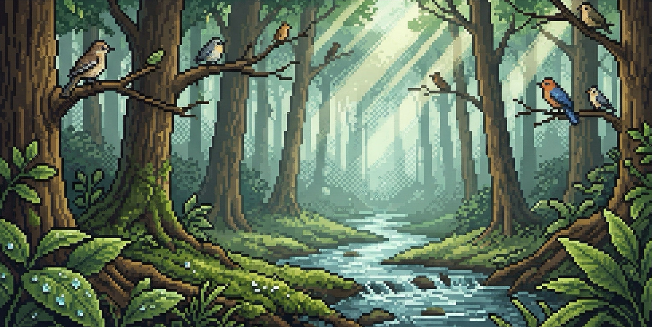 Card art: a forest stream with birds in the branches