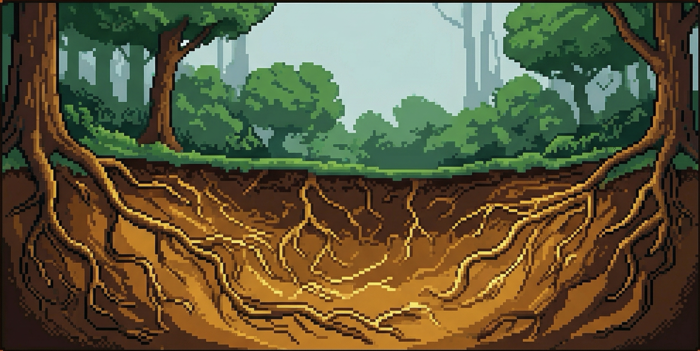 Card art: the roots of the forest interwoven under the soil