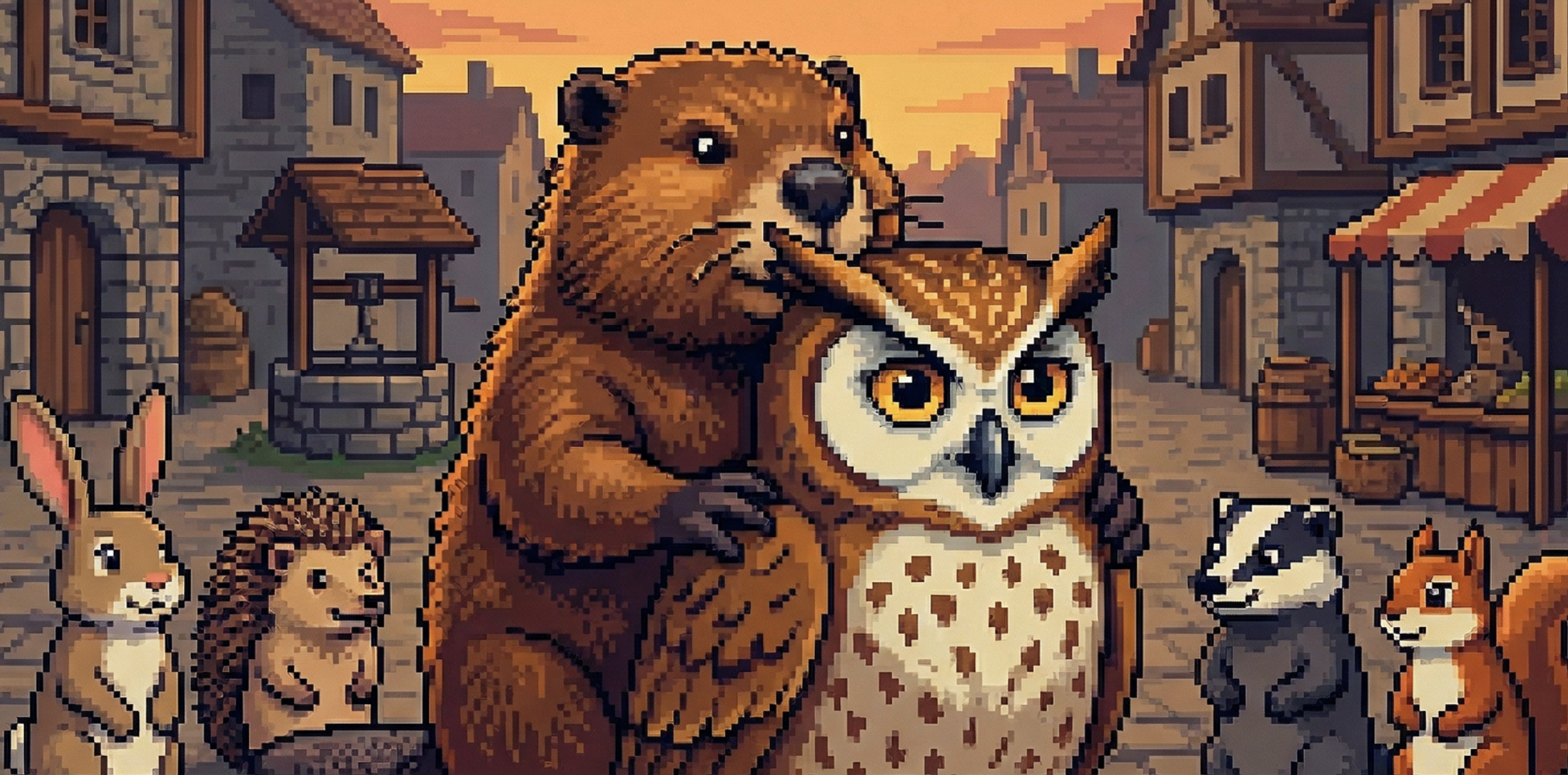 Card art: a beaver hugging an owl in the village square