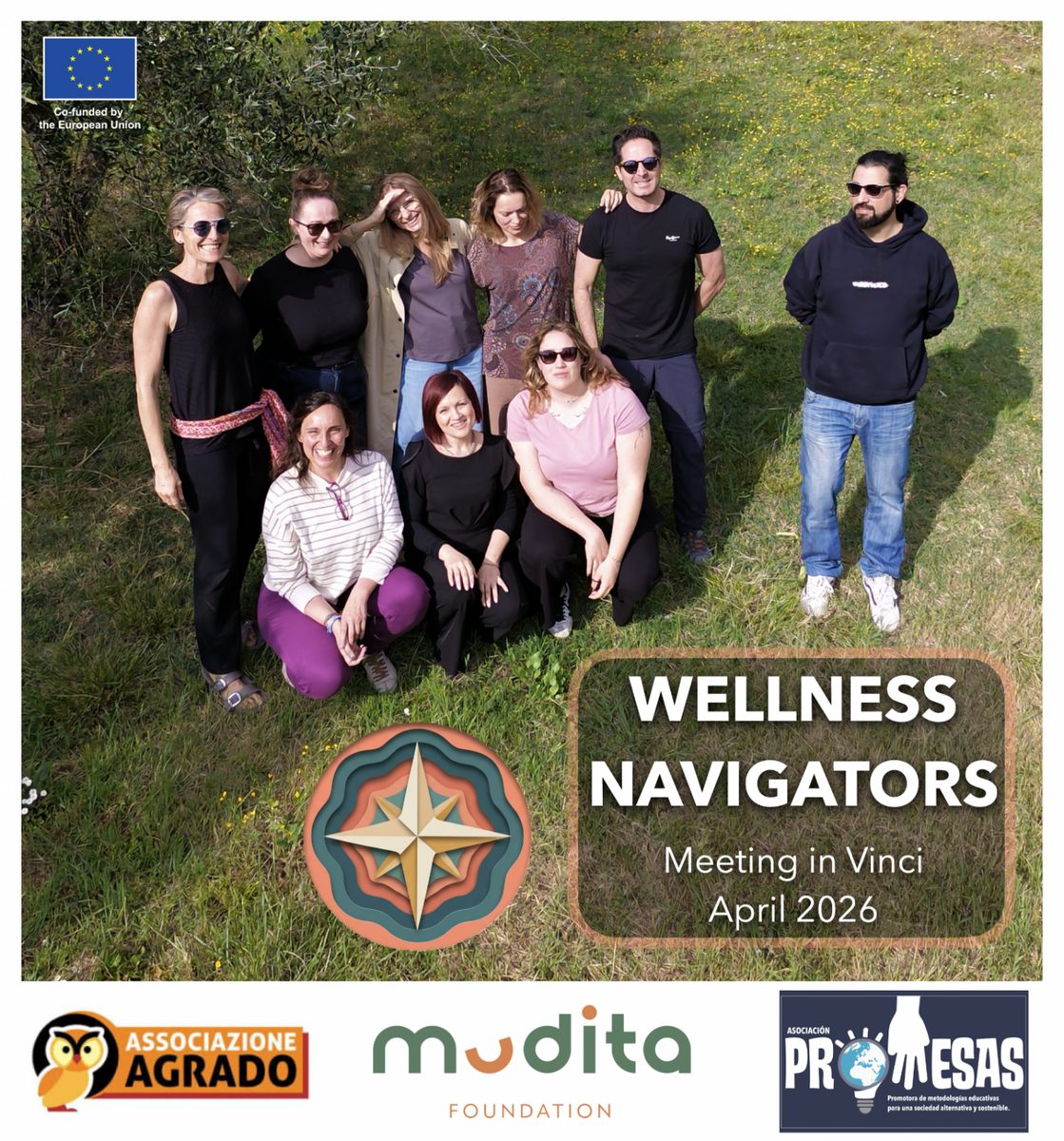 Group photo of the Wellness Navigators team in Vinci with partner logos